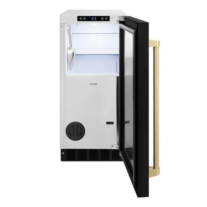 ZLINE Autograph Edition 15 in. Touchstone Gourmet Ice Maker with Drain Pump and Black Matte Door with Champagne Bronze Handle (IGMDZ-BLM-15-CB)