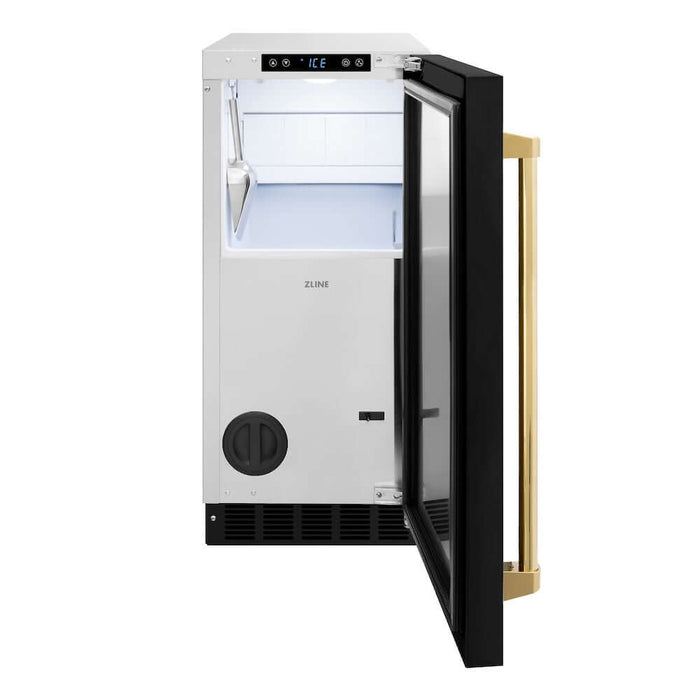 ZLINE Autograph Edition 15 in. Touchstone Gourmet Ice Maker with Drain Pump and Black Matte Door with Polished Gold Handle (IGMDZ-BLM-15-G)