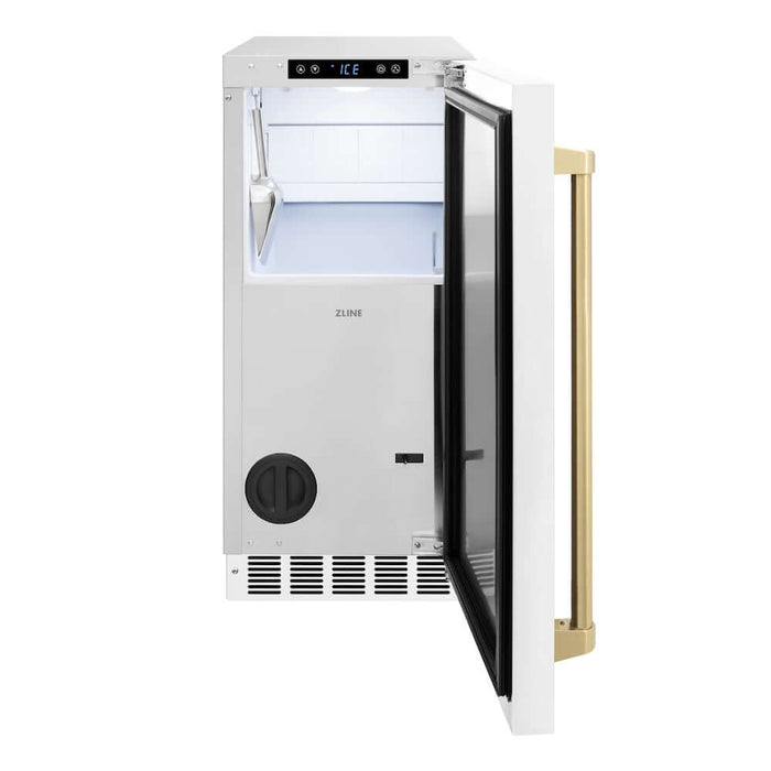 ZLINE Autograph Edition 15 in. Touchstone Gourmet Ice Maker with Drain Pump and White Matte Door with Champagne Bronze Handle (IGMDZ-WM-15-CB)