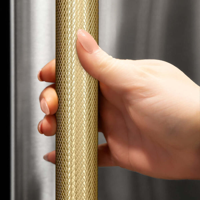 ZLINE Autograph Edition 36 in. 21.6 cu. ft. Counter-Depth French Door Refrigerator with Water and Ice Dispenser in Fingerprint-Resistant Stainless Steel with Champagne Bronze Helix Handles (RFMZ-W-36-KCB)