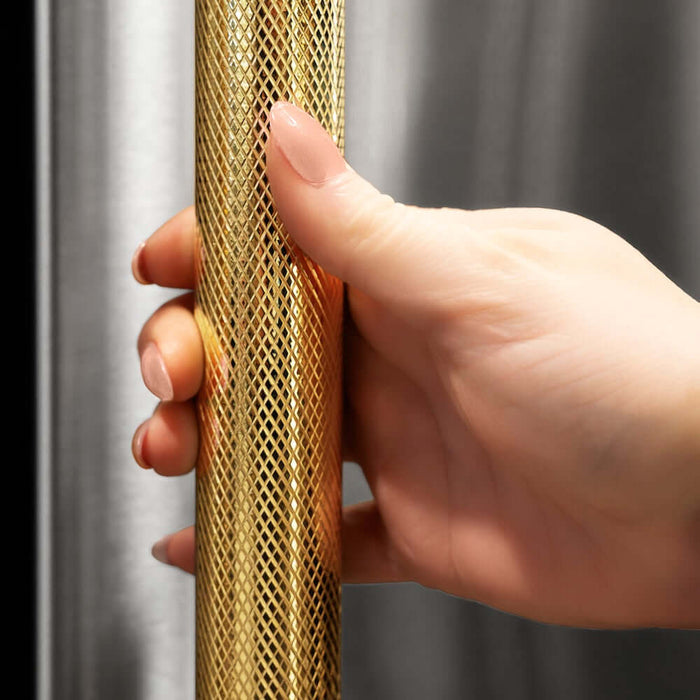 ZLINE Autograph Edition 30 in. 16.1 cu. ft. Built-In Bottom Freezer Refrigerator with Water Dispenser and Ice Maker in Stainless Steel with Graphite Gray Interior and Polished Gold Helix Handles (GRBIVZ-30430KG)