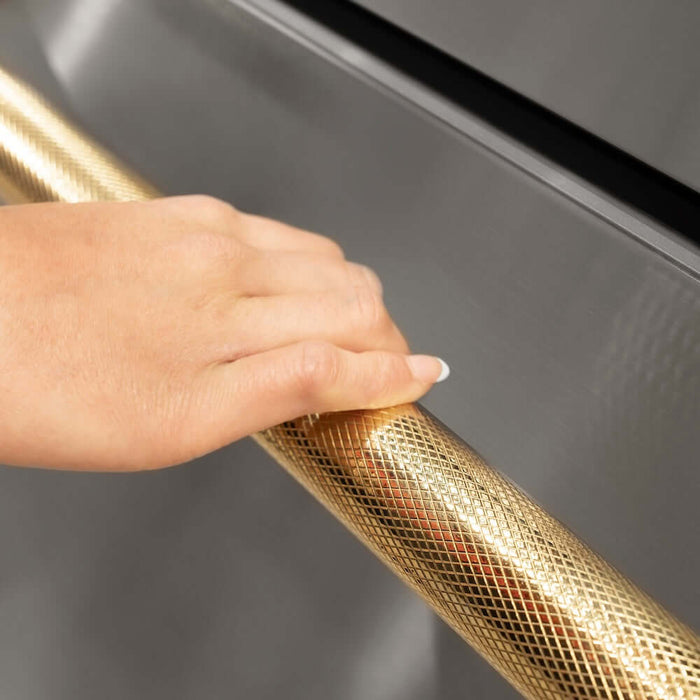 ZLINE Autograph Edition 36 in. 28.9 cu. ft. Standard-Depth French Door External Water Dispenser Refrigerator with Dual Ice Maker in Fingerprint-Resistant Stainless Steel and Polished Gold Helix Handles (RSMZ-W-36-KG)