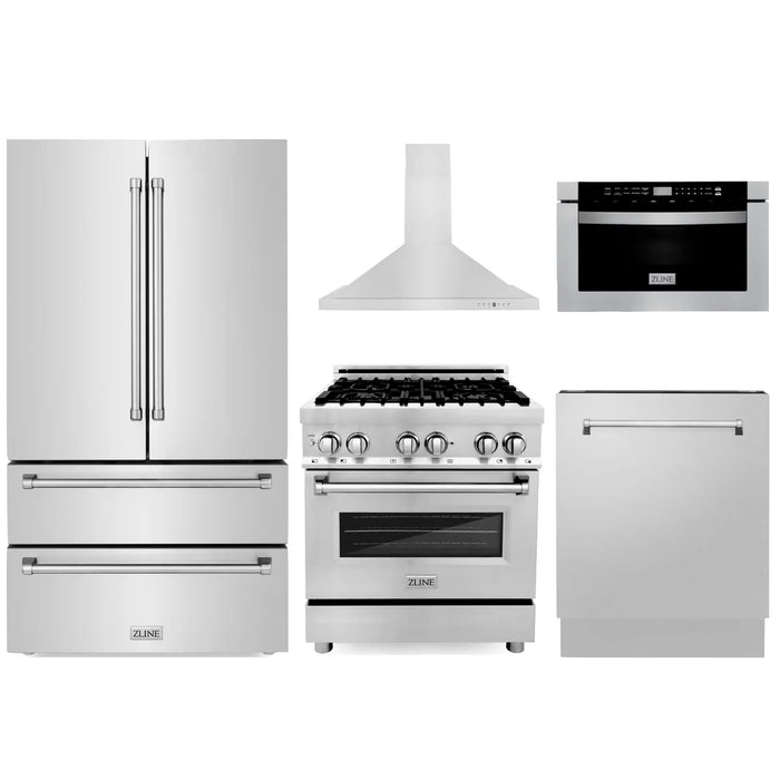 ZLINE Kitchen Package with Refrigeration, 30" Stainless Steel Dual Fuel Range, 30" Range Hood, Microwave Drawer, and 24" Tall Tub Dishwasher