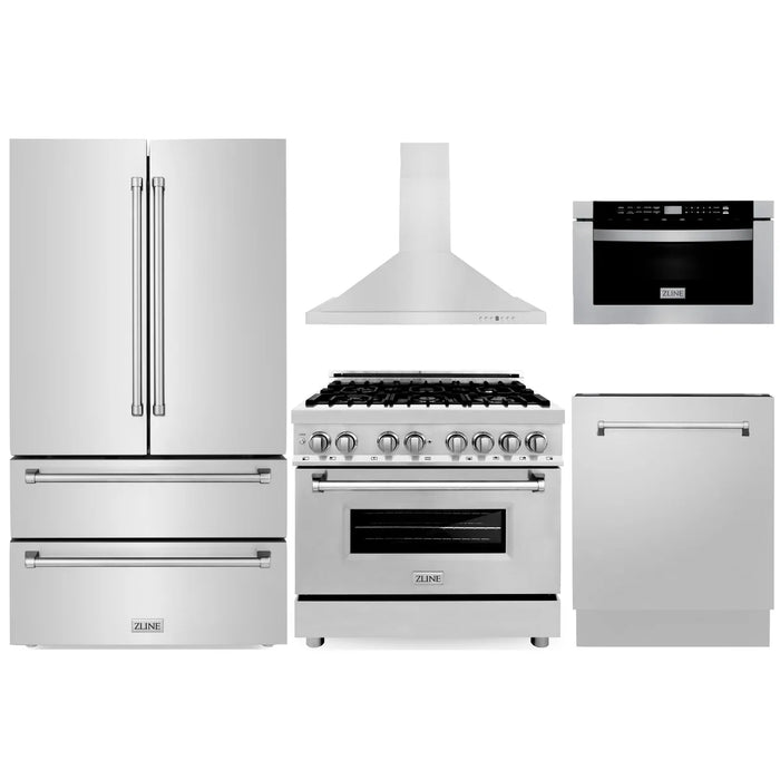 ZLINE Kitchen Package with Refrigeration, 36" Stainless Steel Dual Fuel Range, 36" Range Hood, Microwave Drawer, and 24" Tall Tub Dishwasher