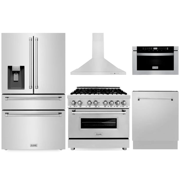 ZLINE Kitchen Package with Water and Ice Dispenser Refrigerator, 36" Dual Fuel Range, 36" Range Hood, Microwave Drawer, and 24" Tall Tub Dishwasher