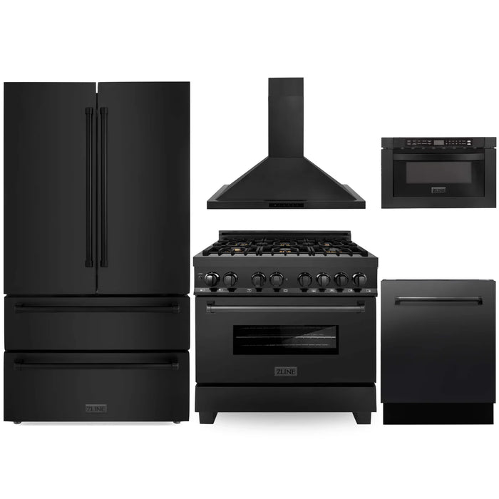 ZLINE Kitchen Package with Black Stainless Steel Refrigeration, 36" Dual Fuel Range, 36" Range Hood, Microwave Drawer, and 24" Tall Tub Dishwasher