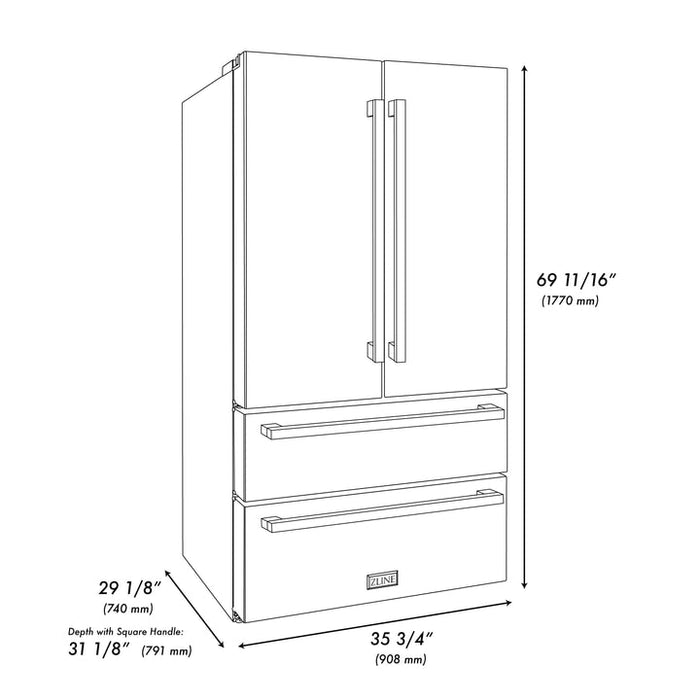 ZLINE Autograph Edition 36-Inch 22.5 cu. ft 4-Door French Door Refrigerator with Ice Maker in Stainless Steel with Polished Gold Square Handles (RFMZ-36-FG)