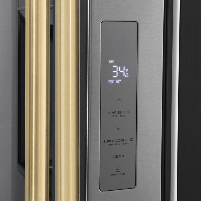 ZLINE Autograph Edition 36 -Inch 28.9 cu. ft. Standard-Depth French Door External Water Dispenser Refrigerator with Dual Ice Maker in Fingerprint Resistant Stainless Steel and Champagne Bronze Handles (RSMZ-W-36-CB)