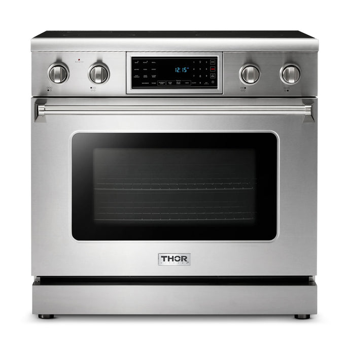 Thor Kitchen 4-Piece Appliance Package - 36-Inch Electric Range with Tilt Panel, Refrigerator with Water Dispenser, Pro-Style Wall Mount Hood, & Dishwasher in Stainless Steel