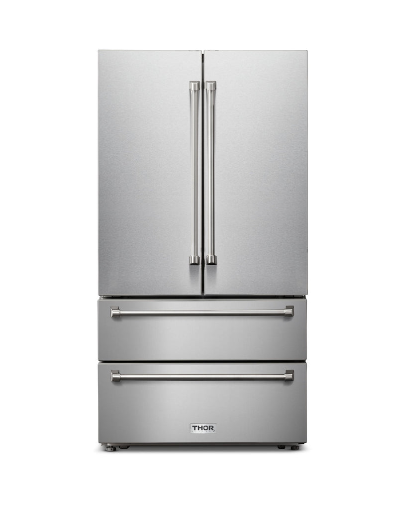 Thor Kitchen 5-Piece Appliance Package - 30-Inch Electric Range with Tilt Panel, French Door Refrigerator, Pro-Style Wall Mount Hood, Dishwasher, & Wine Cooler in Stainless Steel