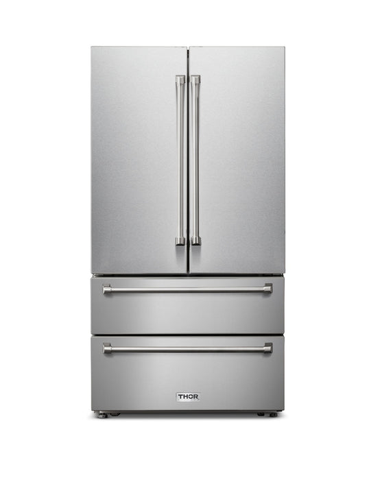 Thor Kitchen 4-Piece Appliance Package - 24-Inch Electric Range, French Door Refrigerator, Dishwasher, and Microwave Drawer in Stainless Steel