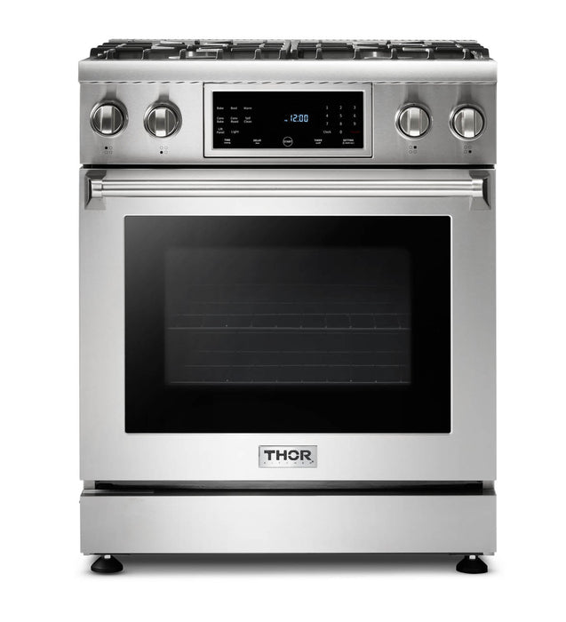 Thor Kitchen 2-Piece Appliance Package - 30-Inch Gas Range with Tilt Panel & Premium Under Cabinet Hood in Stainless Steel