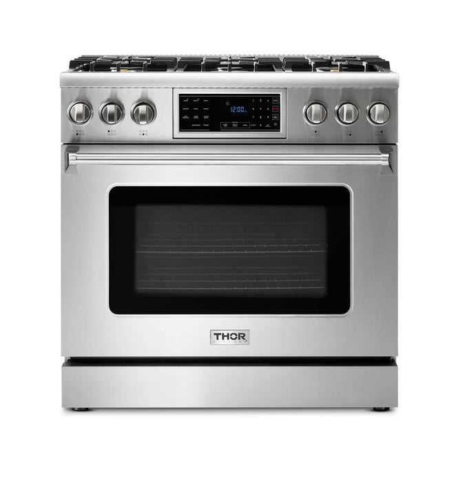 Thor Kitchen 4-Piece Appliance Package - 36-Inch Gas Range with Tilt Panel, French Door Refrigerator, Pro-Style Wall Mount Hood, and Dishwasher in Stainless Steel