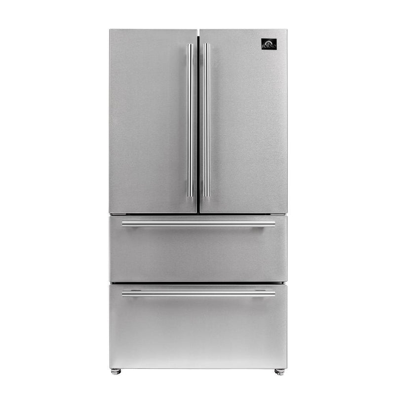 Forno 5-Piece Pro Appliance Package - 48-Inch Dual Fuel Range, Refrigerator, Wall Mount Hood, Microwave Drawer, & 3-Rack Dishwasher in Stainless Steel