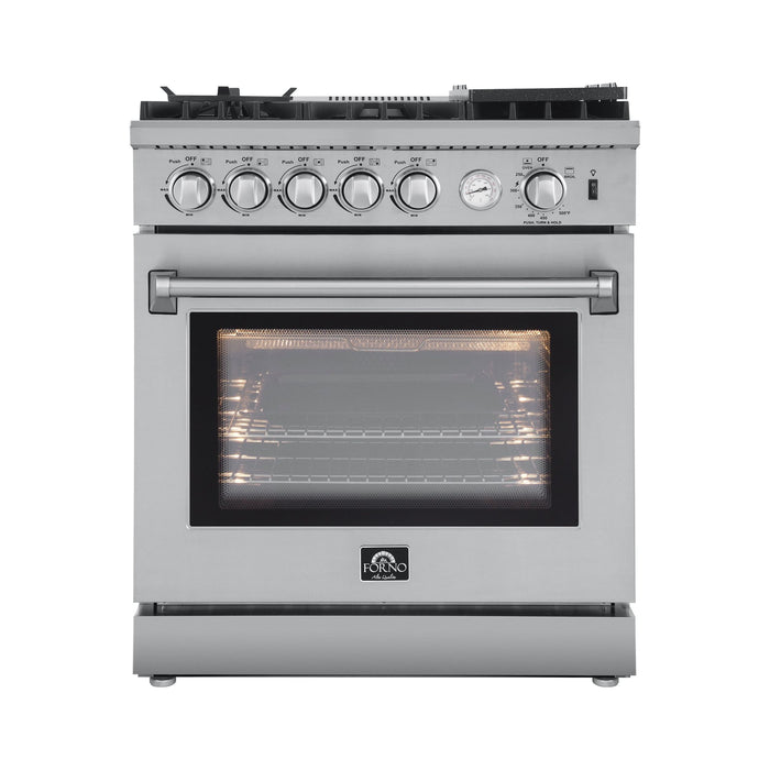 Forno 5-Piece Appliance Package - 30-Inch Gas Range with Air Fryer, Refrigerator, Wall Mount Hood, Microwave Drawer, & 3-Rack Dishwasher in Stainless Steel