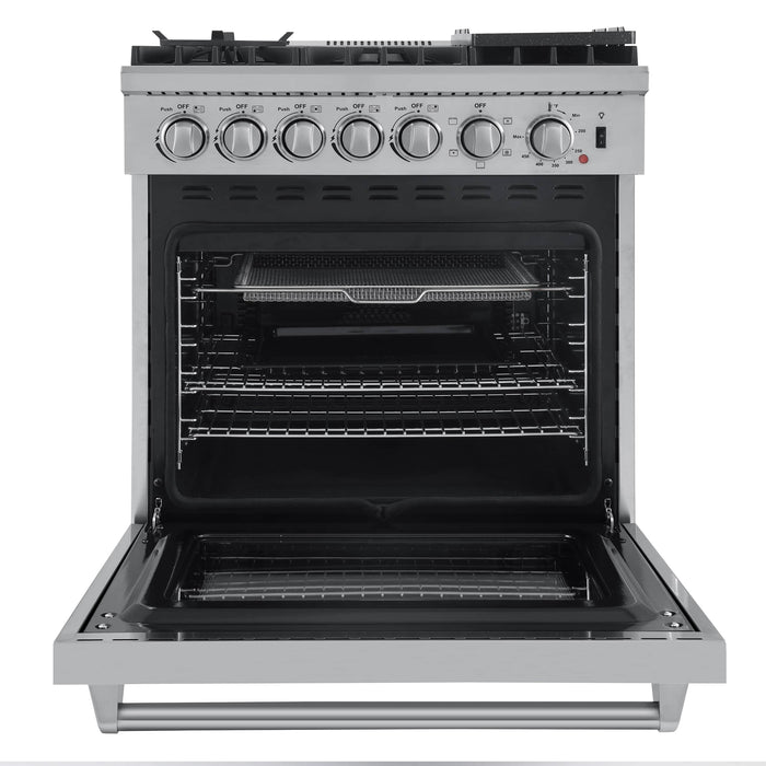 Forno 4-Piece Appliance Package - 30-Inch Dual Fuel Range with Air Fryer, Refrigerator with Water Dispenser, Wall Mount Hood, & 3-Rack Dishwasher in Stainless Steel