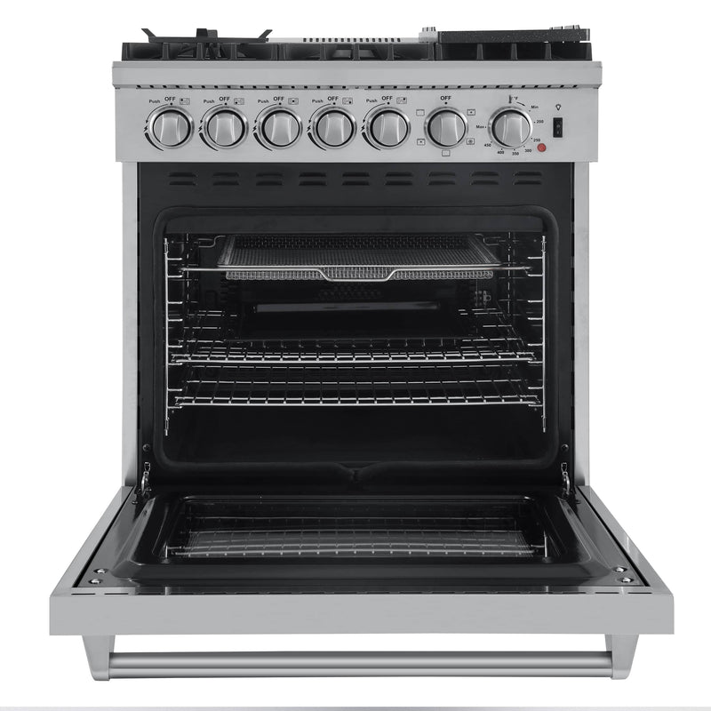 Forno 2-Piece Appliance Package - 30-Inch Dual Fuel Range with Air Fryer & Wall Mount Hood with Backsplash in Stainless Steel