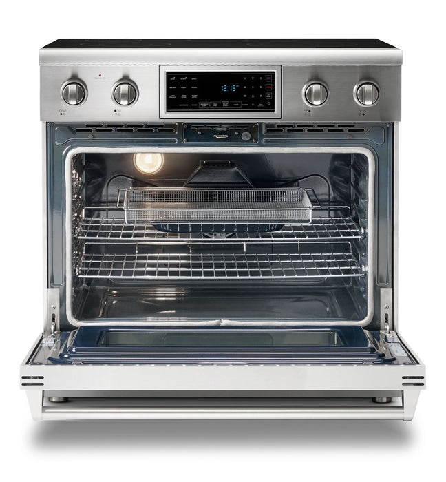 Thor Kitchen 6-Piece Appliance Package - 36-Inch Electric Range with Tilt Panel, Refrigerator with Water Dispenser, Wall Mount Hood, Dishwasher, Microwave Drawer, & Wine Cooler in Stainless Steel