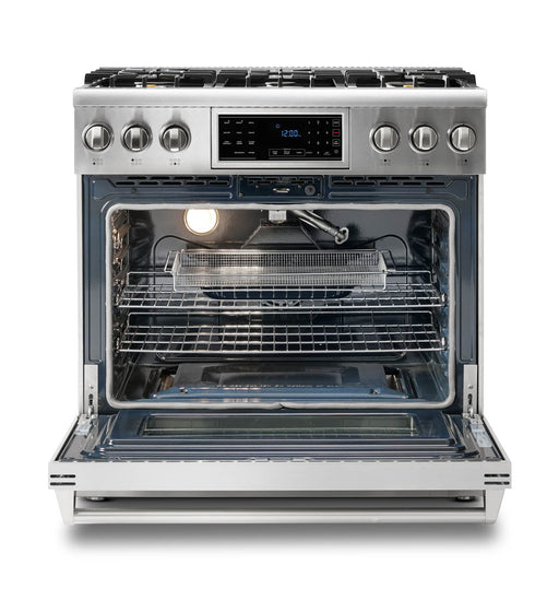 Thor Kitchen 5-Piece Appliance Package - 36-Inch Gas Range with Tilt Panel, French Door Refrigerator, Wall Mount Hood, Dishwasher, and Wine Cooler in Stainless Steel