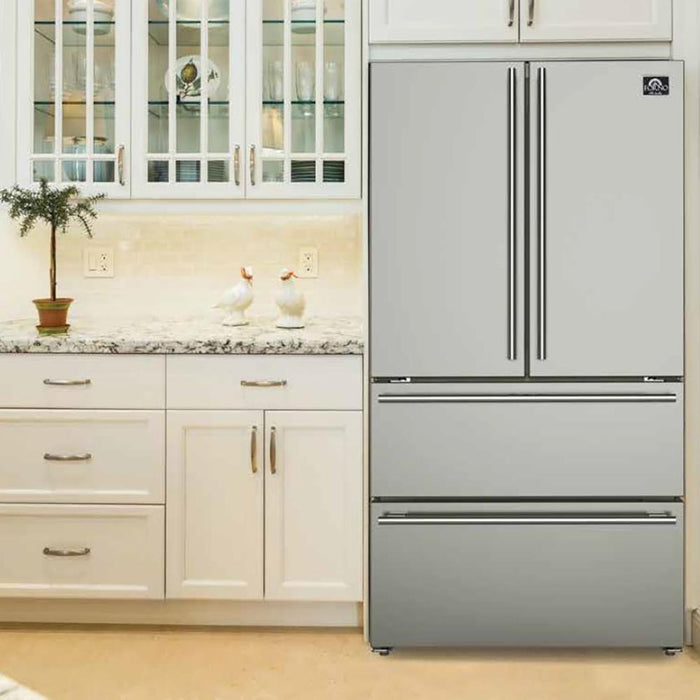 Forno 5-Piece Appliance Package - 36-Inch Gas Range, Refrigerator, Wall Mount Hood, Microwave Oven, & 3-Rack Dishwasher in Stainless Steel