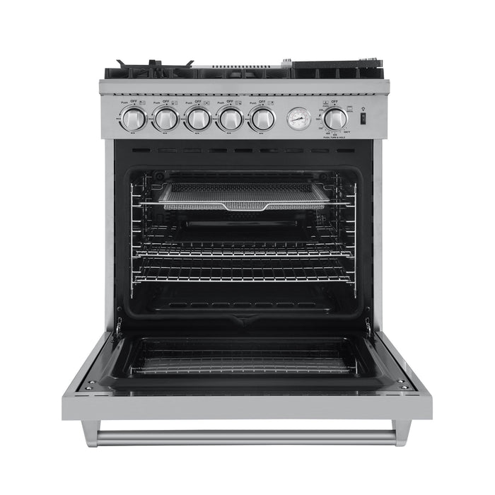 Forno 5-Piece Appliance Package - 30-Inch Gas Range with Air Fryer, 56-Inch Pro-Style Refrigerator, Wall Mount Hood, Microwave Drawer, & 3-Rack Dishwasher in Stainless Steel