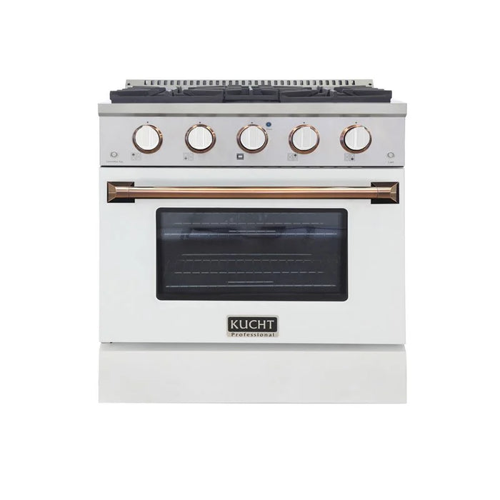 Kucht Signature 30-Inch Gas Range with Convection Oven in White with White Knobs & Gold Handle (KNG301-W-GOLD)