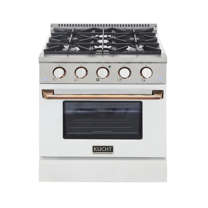 Kucht Signature 30-Inch Gas Range with Convection Oven in White with White Knobs & Gold Handle (KNG301-W-GOLD)