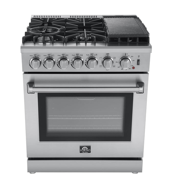 Forno 3-Piece Appliance Package - 30-Inch Dual Fuel Range with Air Fryer, Refrigerator, & Wall Mount Hood with Backsplash in Stainless Steel