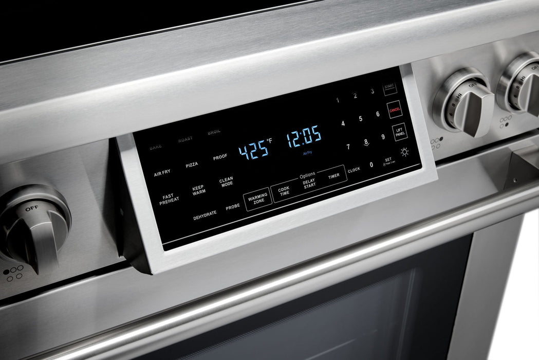 Thor Kitchen 4-Piece Appliance Package - 30-Inch Electric Range with Tilt Panel, French Door Refrigerator, Wall Mount Hood, and Dishwasher in Stainless Steel