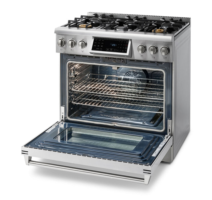 Thor Kitchen 4-Piece Appliance Package - 36-Inch Gas Range with Tilt Panel, French Door Refrigerator, Pro-Style Wall Mount Hood, and Dishwasher in Stainless Steel