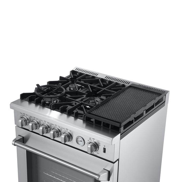 Forno 5-Piece Appliance Package - 30-Inch Gas Range with Air Fryer, Refrigerator, Wall Mount Hood, Microwave Oven, & 3-Rack Dishwasher in Stainless Steel