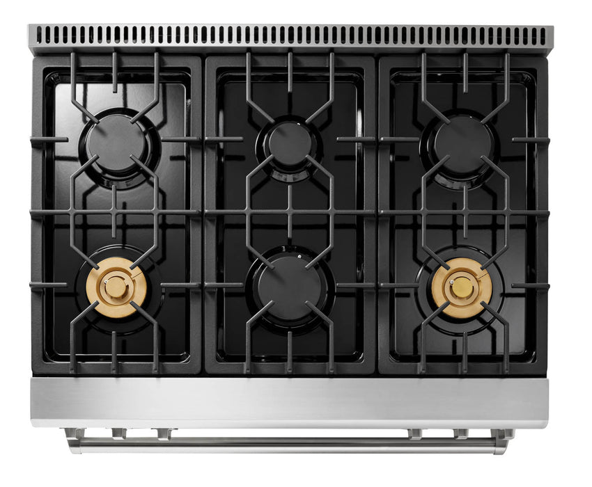 Thor Kitchen 2-Piece Appliance Package - 36-Inch Gas Range with Tilt Panel & Premium Wall Mount Hood in Stainless Steel