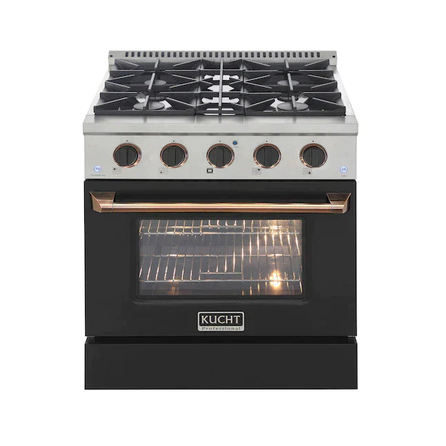 Kucht Signature 30-Inch Pro-Style Dual Fuel Range in Stainless Steel with Black Oven Door & Gold Handle (KDF302-K-GOLD)