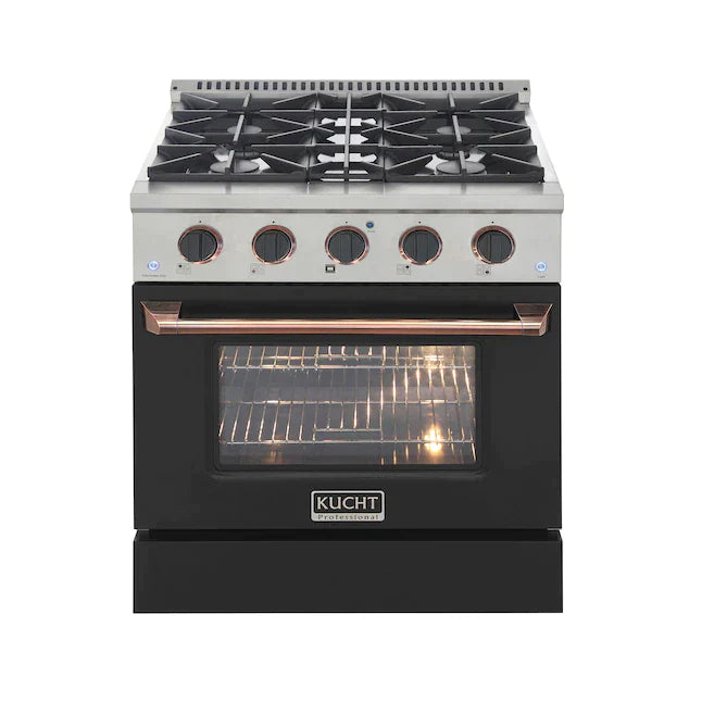 Kucht Signature 30-Inch Pro-Style Dual Fuel Range in Stainless Steel with Black Oven Door & Rose Gold Accents (KDF302-K-ROSE)