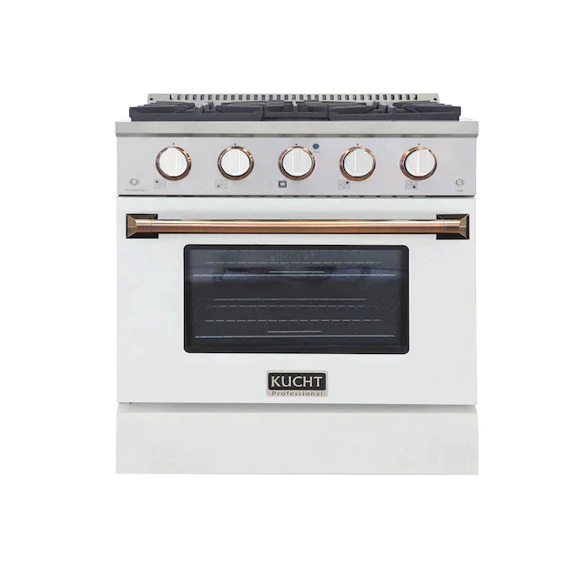 Kucht Signature 30" Pro-Style Dual Fuel Range in Stainless Steel with White Oven Door & Gold Handle (KDF302-W-GOLD)