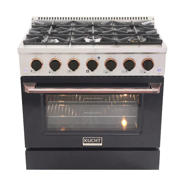 Kucht Signature 36-Inch Pro-Style Dual Fuel Range in Stainless Steel with Black Oven Door & Rose Gold Accents (KDF362-K-ROSE)