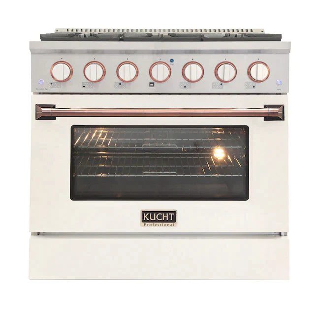 Kucht Signature 36-Inch Gas Range with Convection Oven in White with White Knob & Rose Gold Handle (KNG361-W-ROSE)