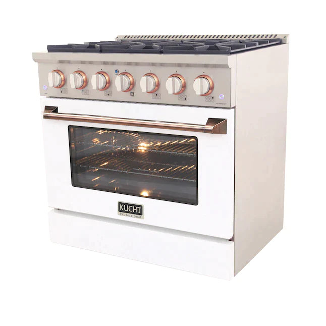 Kucht Signature 36-Inch Pro-Style Dual Fuel Range in White Oven Door & Rose Gold Accents (KDF362-W-ROSE)