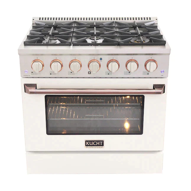 Kucht Signature 36-Inch Pro-Style Dual Fuel Range in White Oven Door & Rose Gold Accents (KDF362-W-ROSE)