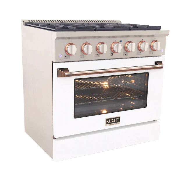 Kucht Signature 36-Inch Gas Range with Convection Oven in White with White Knob & Rose Gold Handle (KNG361-W-ROSE)