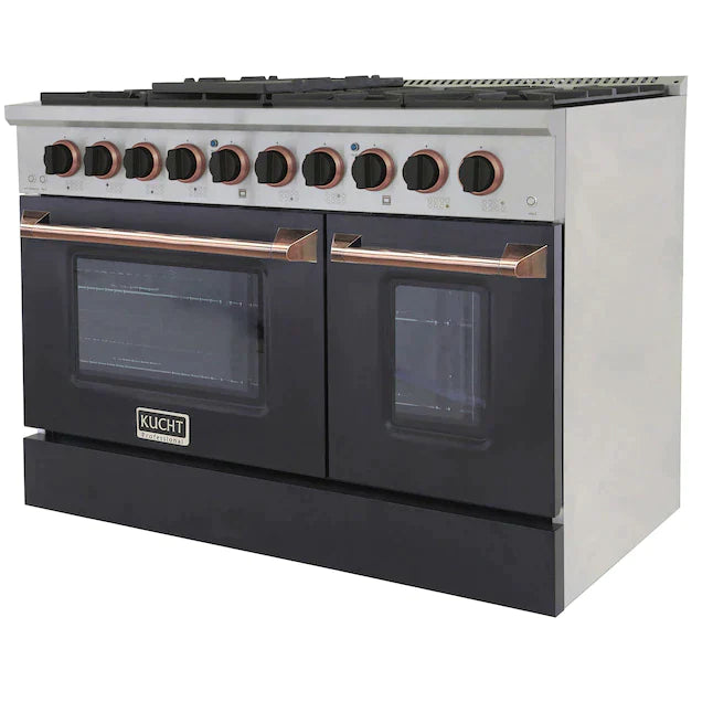 Kucht Signature 48-Inch Pro-Style Dual Fuel Range in Stainless Steel with Black Oven Door & Rose Gold (KDF482-K-ROSE)