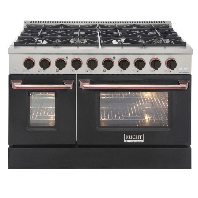 Kucht Signature 48-Inch Pro-Style Dual Fuel Range in Stainless Steel with Black Oven Door & Rose Gold (KDF482-K-ROSE)