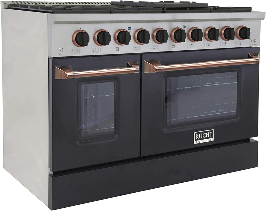 Kucht Signature 48-Inch 6.7 cu ft. Gas Range with Black Door and Rose Gold Accents (KNG481-K-ROSE)