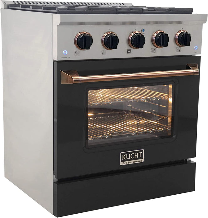 Kucht Signature 30" Gas Range with Convection Oven in Black with Black Knobs & Gold Handle (KNG301-K-GOLD)