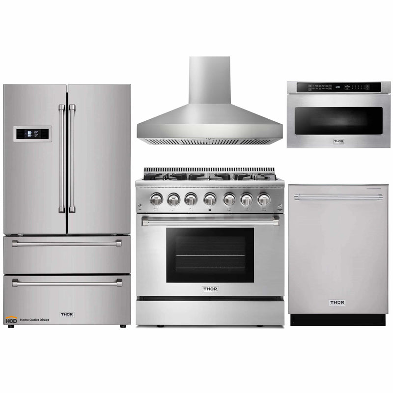 Thor Kitchen 5-Piece Pro Appliance Package - 36-Inch Dual Fuel Range, Refrigerator, Wall Mount Hood, Dishwasher & Microwave Drawer in Stainless Steel