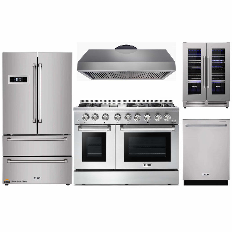 Thor Kitchen 5-Piece Pro Appliance Package - 48-Inch Dual Fuel Range, Under Cabinet Hood, Refrigerator, Dishwasher, and Wine Cooler in Stainless Steel