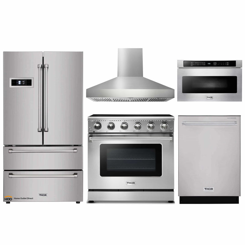 Thor Kitchen 5-Piece Appliance Package - 36-Inch Electric Range, Refrigerator, Wall Mount Hood, Dishwasher, and Microwave Drawer in Stainless Steel