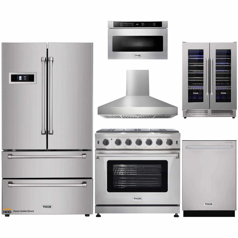 Thor Kitchen 6-Piece Appliance Package - 36-Inch Gas Range, Refrigerator, Pro-Style Wall Mount Hood, Dishwasher, Microwave Drawer, & Wine Cooler in Stainless Steel