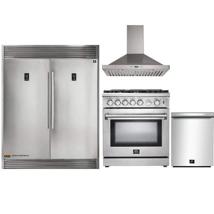 Forno 4-Piece Appliance Package - 30-Inch Gas Range, 56-Inch Pro-Style Refrigerator, Wall Mount Hood, & 3-Rack Dishwasher in Stainless Steel