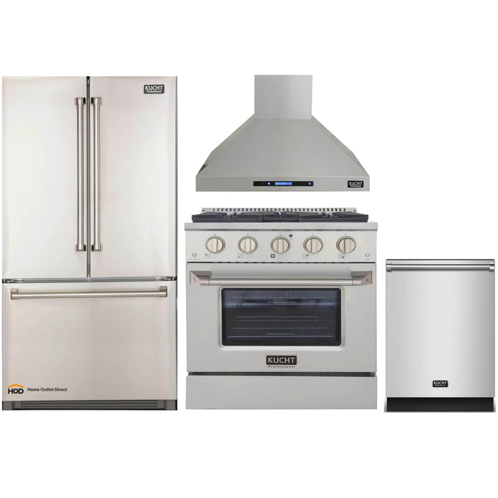 Kucht 4-Piece Appliance Package - 30-Inch Dual Fuel Range, Refrigerator, Wall Mount Hood, & Dishwasher in Stainless Steel